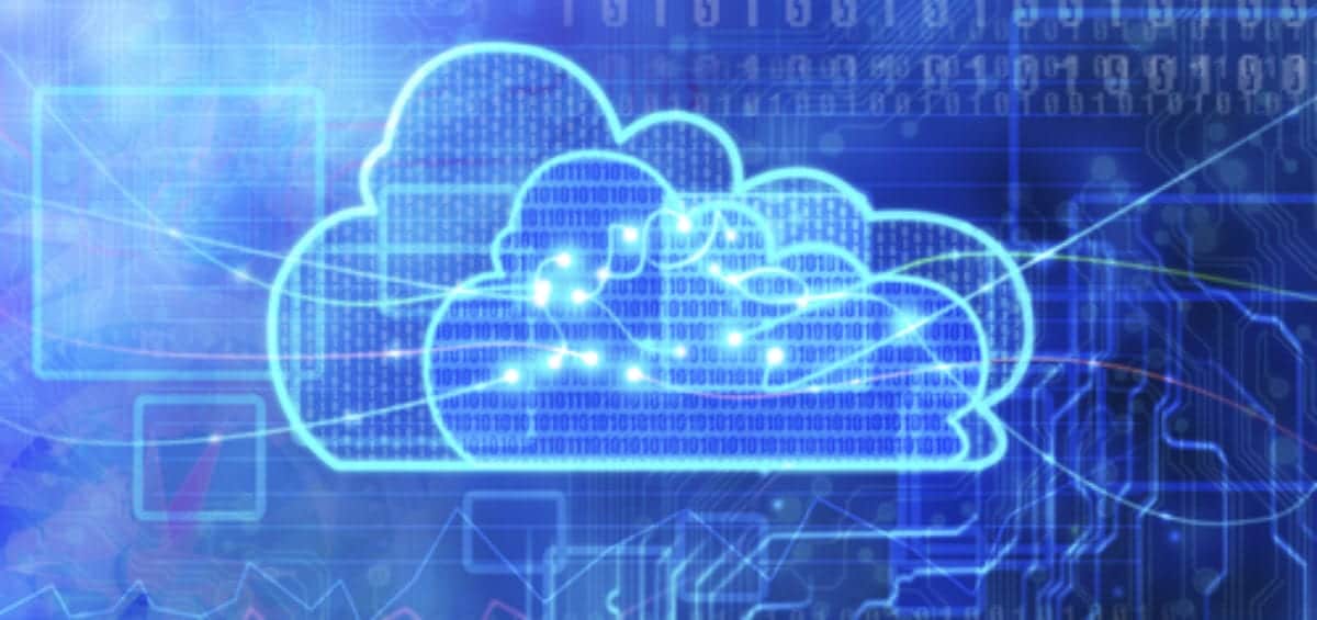 Illustration of a digital cloud with binary code and circuitry in the background, representing cloud computing and data networking.