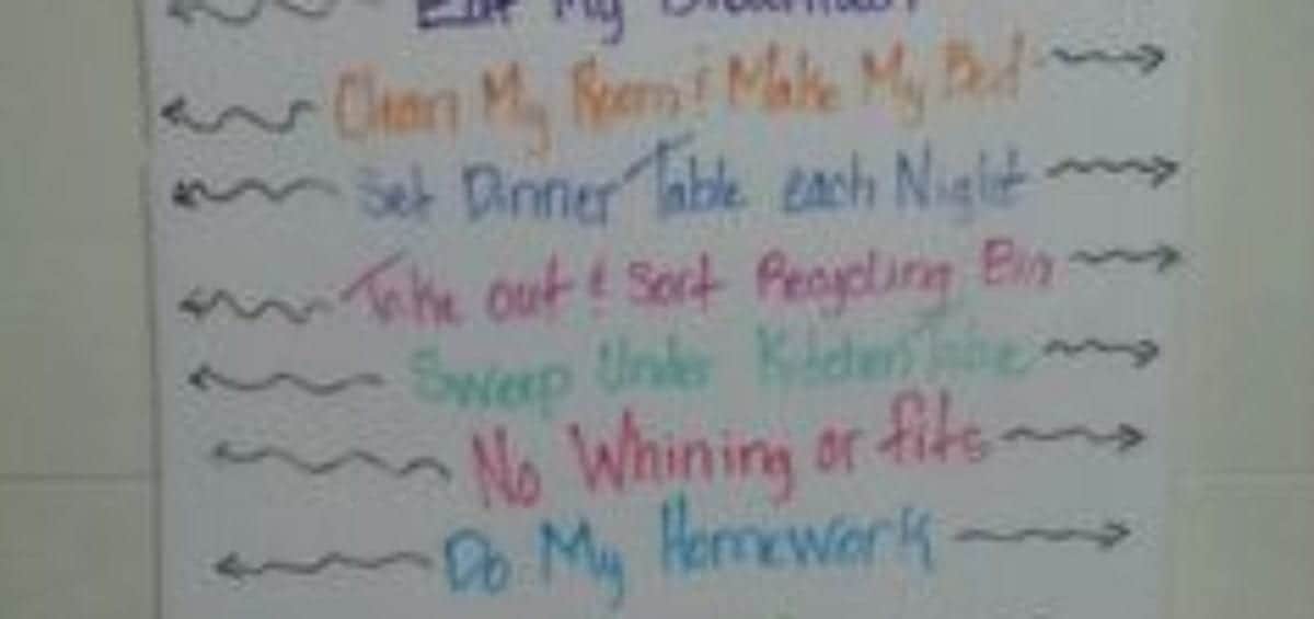 A behavior chart titled "How I Behaved Today" with tasks such as eating breakfast, setting the dinner table, and doing homework. Clothespins are used to mark accomplishments under categories "Awesome" or "Oh No.