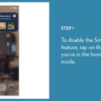 A smartphone screen demonstrates removing the Smart Rotate feature from a widget stack. The steps are outlined in text to the right of the image.