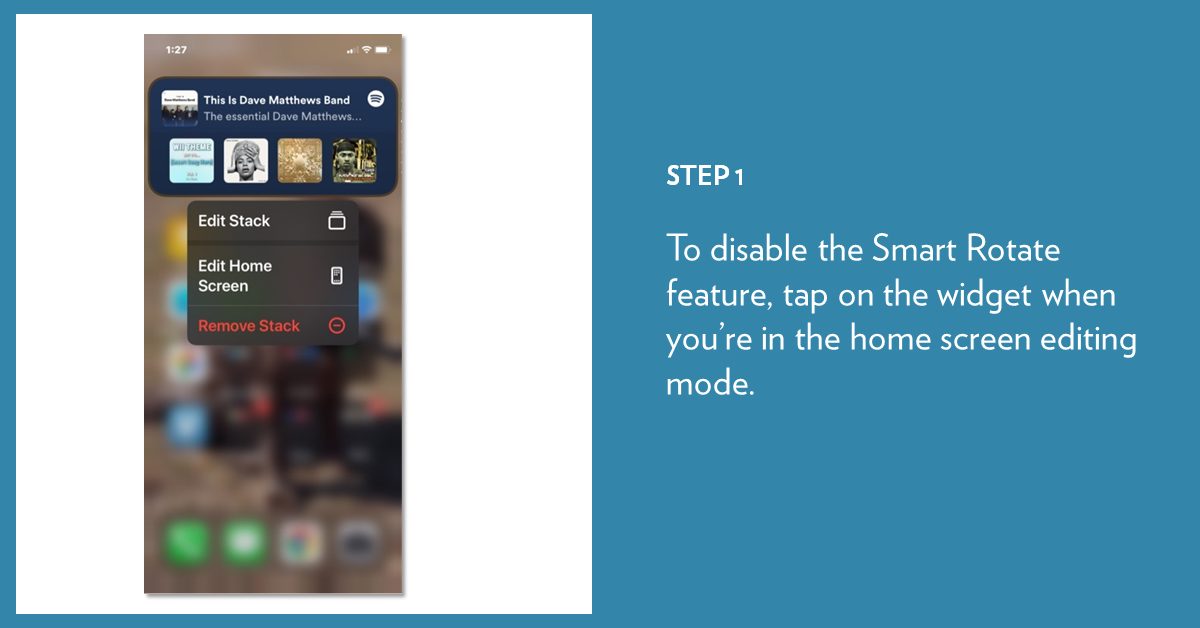 A smartphone screen demonstrates removing the Smart Rotate feature from a widget stack. The steps are outlined in text to the right of the image.