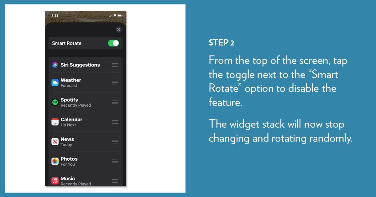 Smartphone screen showing the "Smart Rotate" toggle switch in the off position. Instructions read, "STEP 2: From the top of the screen, tap the toggle next to the 'Smart Rotate' option to disable the feature.