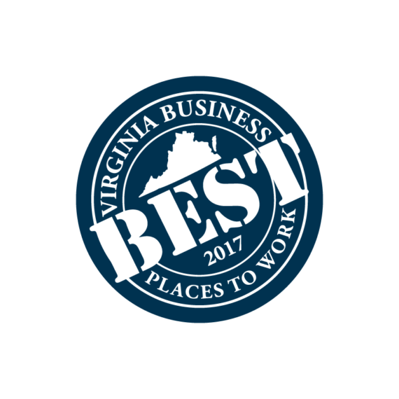 Circular logo with text: "Virginia Business Best Places to Work 2017" and an outline of the state of Virginia in the center.