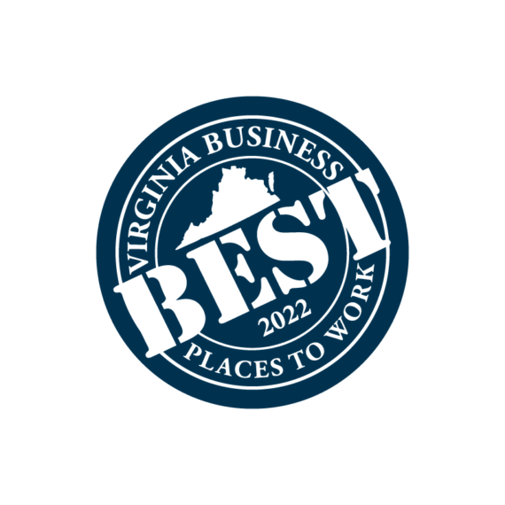 Circular blue and white badge reading "Virginia Business Best Places to Work 2022" with an outline of the state of Virginia in the center.