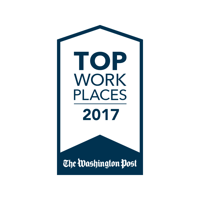 A white and blue badge reads "Top Work Places 2017" awarded by The Washington Post.