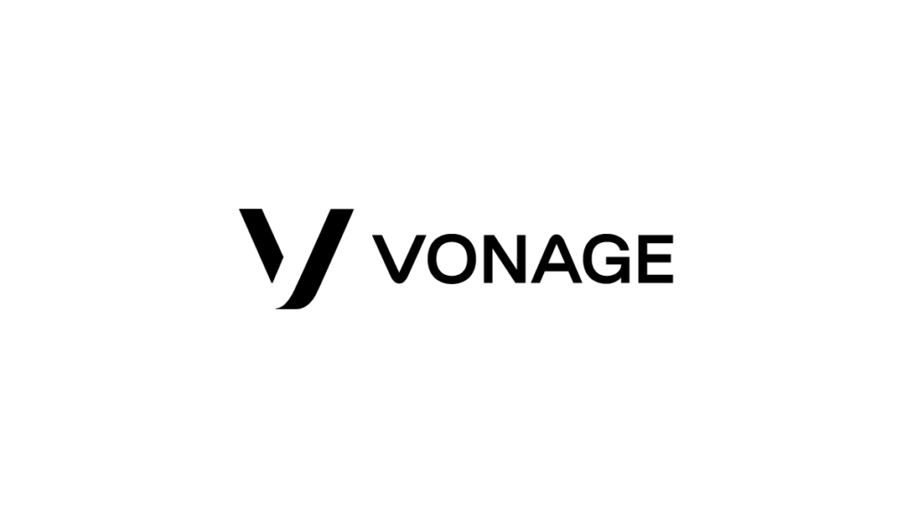 Logo of Vonage featuring a stylized "V" symbol in black on the left with the company name "VONAGE" in uppercase black letters to the right against a white background.