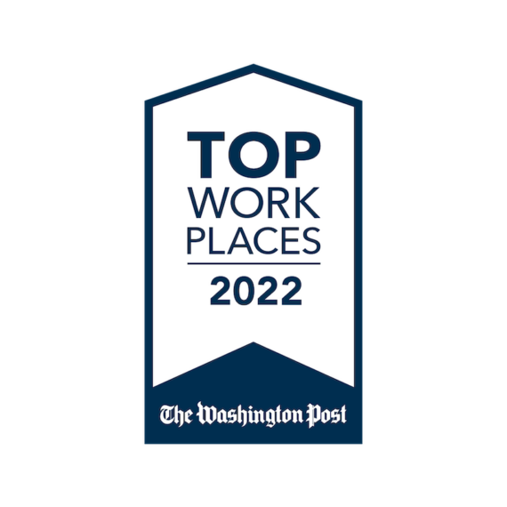 A graphic displaying "Top Work Places 2022" awarded by The Washington Post, presented in a white and dark blue design.