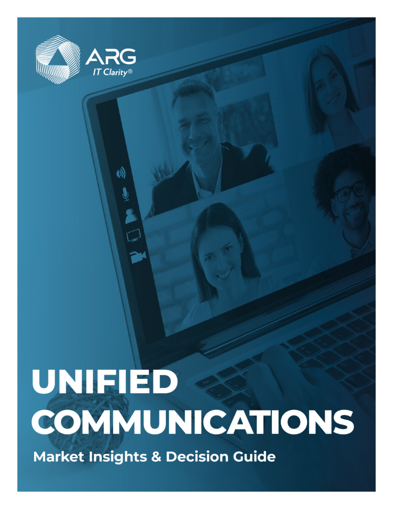 Cover of a guide titled "Unified Communications: Market Insights & Decision Guide" by ARG. The image shows a laptop screen displaying a virtual meeting with four smiling participants.