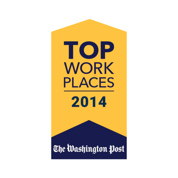 Badge with the text "Top Work Places 2014" and "The Washington Post" logo on a yellow and blue background.
