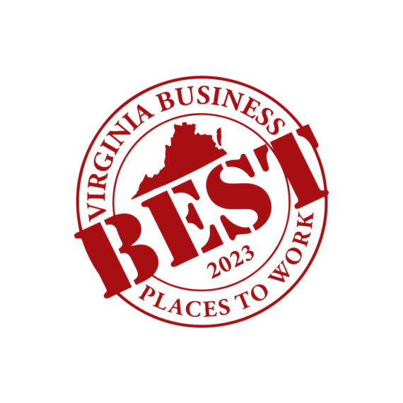 Logo reading "Virginia Business Best Places to Work 2023" in red text on a white circular background featuring an outline of Virginia.