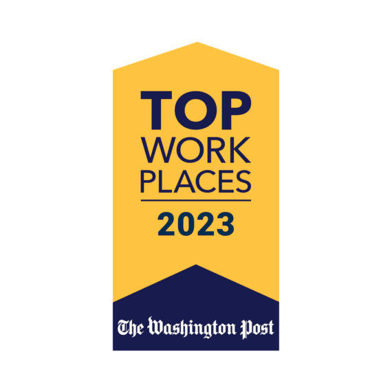 Badge with the text "Top Work Places 2023" and "The Washington Post" logo on a yellow and blue background.