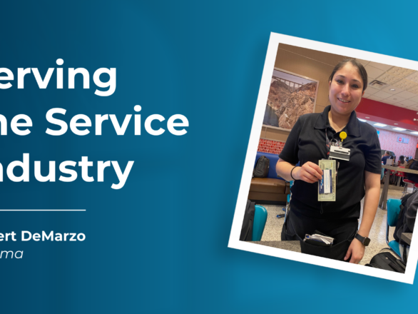 A person in a black uniform holds an ARG Random Acts of Kindness card while standing in a dining area. Text on the image reads: 'Serving the Service Industry.'