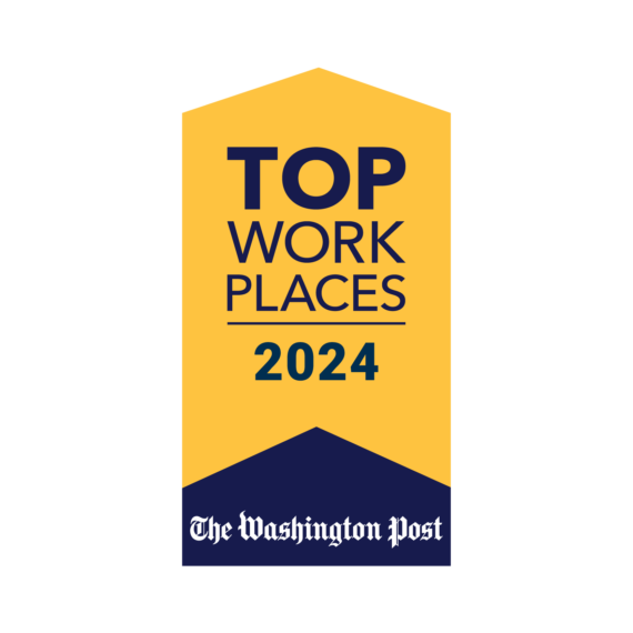 A graphic with a blue and yellow design reads "Top Work Places 2024" with "The Washington Post" at the bottom.