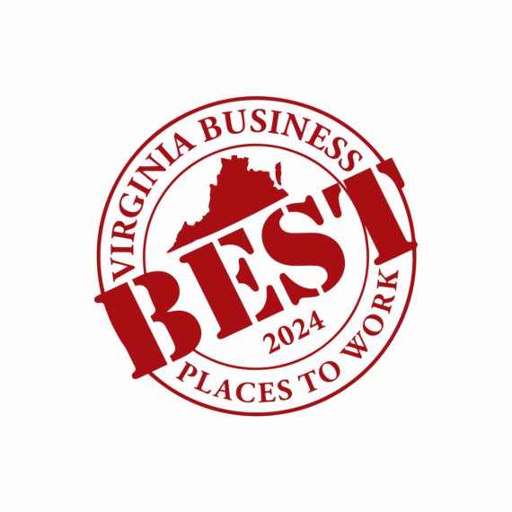 Red and white circular badge with the text "VIRGINIA BUSINESS BEST PLACES TO WORK 2024" and an outline of Virginia in the center.