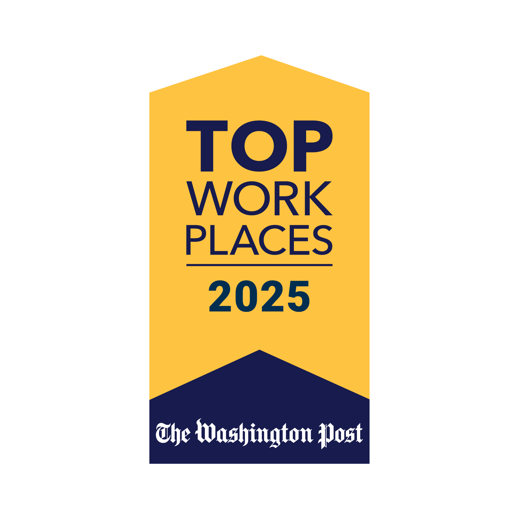 Yellow badge with text "Top Workplaces 2025" and "The Washington Post" at the bottom, indicating recognition as a top workplace.