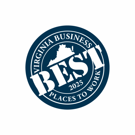 A blue and white circular badge reads “Virginia Business Best Places to Work 2025” with the outline of Virginia in the center.
