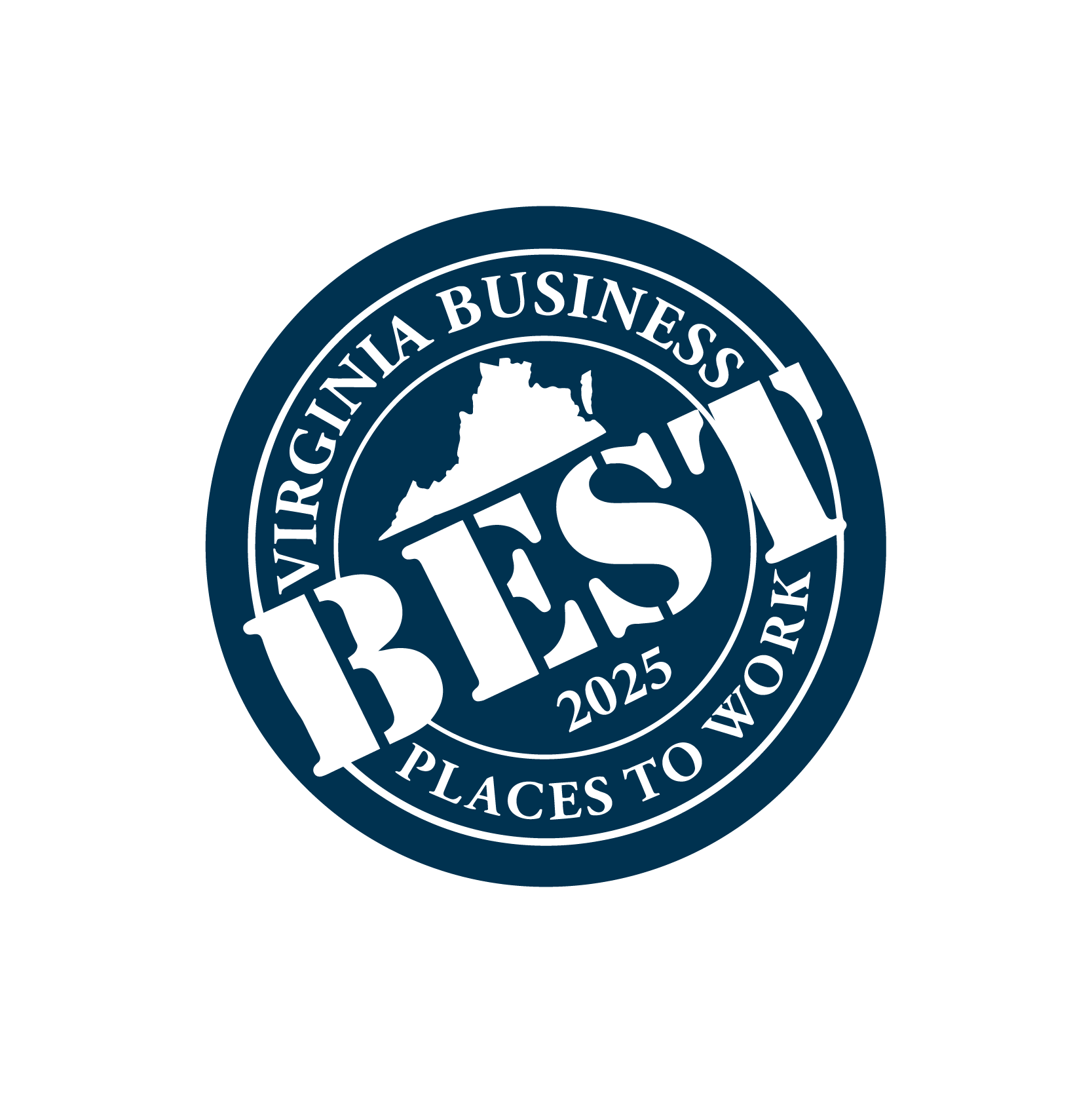 A blue and white circular badge reads “Virginia Business Best Places to Work 2025” with the outline of Virginia in the center.