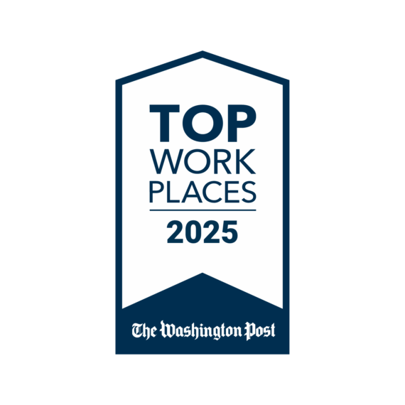 A badge with “Top Workplaces 2025” and “The Washington Post” logo displayed on a white background with a dark blue border.