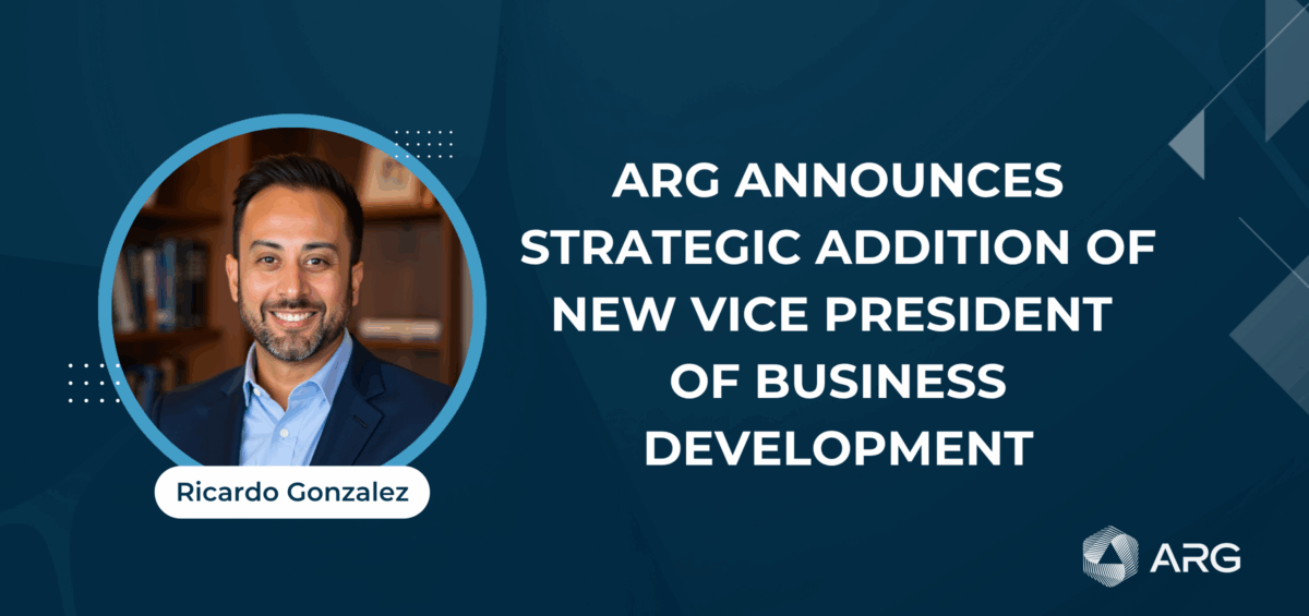 Portrait of Ricardo Gonzalez with text announcing his role as new Vice President of Business Development at ARG, on a blue geometric background.