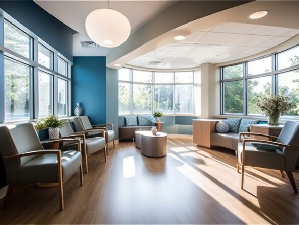 A modern waiting room with large windows, natural light, wooden floors, armchairs, a round table, and plants.