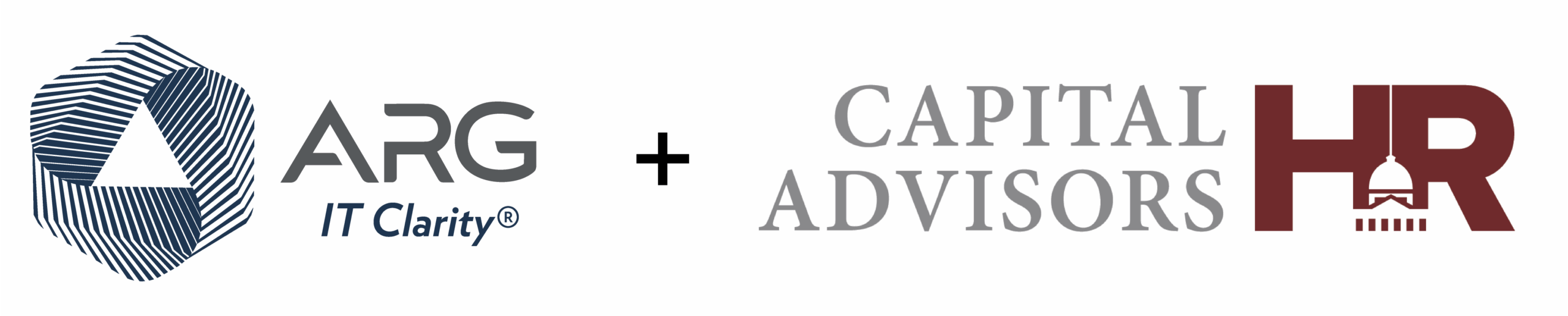 Logos of ARG IT Clarity and Capital Advisors HR side by side with a plus sign between them, indicating a partnership or collaboration.
